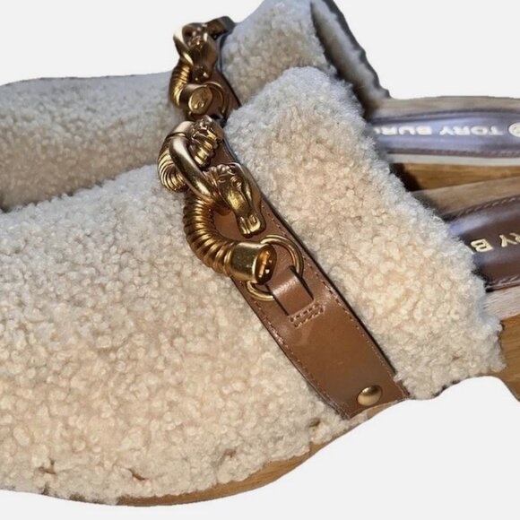 Brand New Tory Burch sz 9.5 Jessa Shearling Clogs buttermilk/royal tan 84927 - Picture 9 of 9